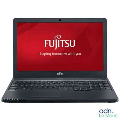 a laptop with the fujitsu logo on the screen
