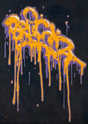 purple and yellow graffiti on a black background with yellow drips
