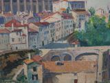 a painting of a view of a city from a hill