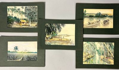 four paintings of boats on a body of water with palm trees in the background