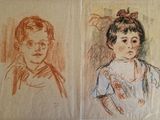 Deux dessins représentant une femme et un enfant sont posés sur une table