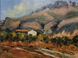 peinture représentant un paysage de montagne avec une maison au premier plan