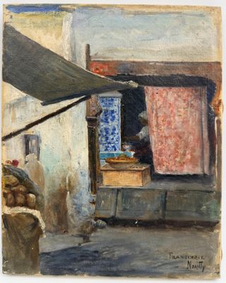 an image of a painting of a street scene with a man and a woman