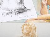 two drawings of a woman sitting on a table