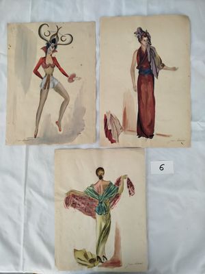 trois dessins représentant une femme en robe rouge et une femme en robe verte