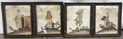 three framed paintings of women in oriental clothing are on display