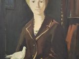 tableau représentant une femme assise à une table, tenant un oiseau dans la main