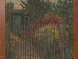 une peinture à l'huile représentant une clôture avec des fleurs et des arbres en arrière-plan