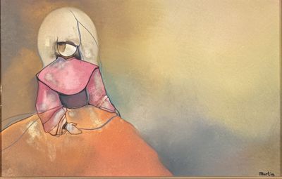 an image of a painting of a woman sitting on top of a large orange ball