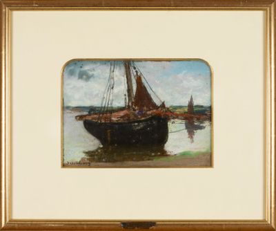 painting of a sailboat in a body of water with a sky in the background