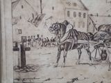 a drawing of a horse pulling a carriage with a man on it