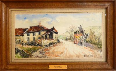 tableau représentant une calèche tirée par des chevaux sur un chemin de terre devant une maison
