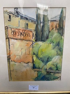 an image of a painting of a building with trees in the background