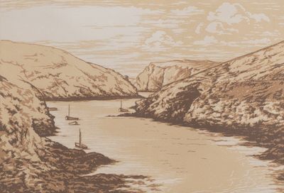 a picture of a drawing of a river with boats in it