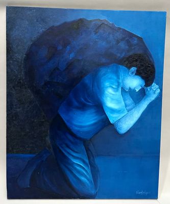 RODRIGUE, Homme caverne, Technique mixte sur toile signée en…