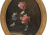 painting of flowers in a glass vase on a table in a gold frame
