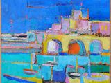an oil painting of a colorful building with a blue sky in the background
