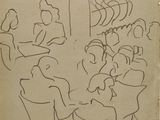 an old drawing of a group of people sitting around a table