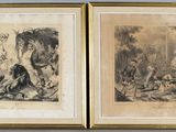 deux dessins encadrés représentant un homme et une femme dans un décor boisé