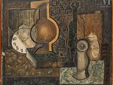 a painting of a clock and a vase on a table