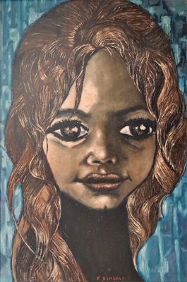 painting of a woman with long brown hair and big eyes