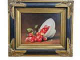 tableau à l'huile encadré représentant des cerises et un bol de cerises posé sur une table