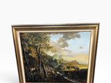 une peinture d'un paysage avec une rivière au premier plan