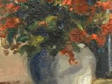 painting of flowers in a vase on a table with a window in the background