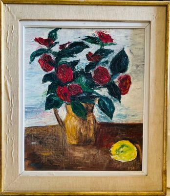 une peinture de fleurs dans un vase sur une table