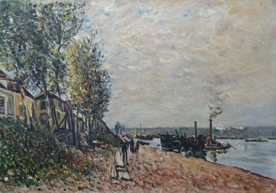 a painting of a couple of people walking on the beach