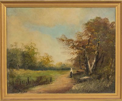 une image d'une peinture représentant un homme marchant sur un chemin de terre