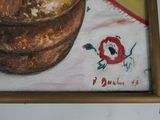 a painting of a bowl of food on a table