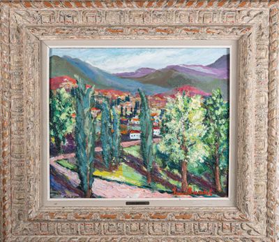 une peinture à l'huile représentant un paysage avec des arbres et des montagnes en arrière-plan