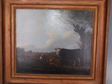a picture of a painting of cows in a field