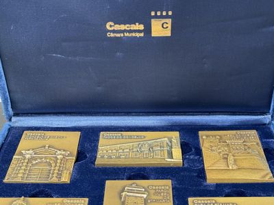 gold plated coins in a case with a blue velvet lining
