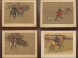 four framed pictures of men riding horses and a dog on a leash
