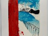 an image of a painting of a red curtain and a black cat