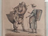 un vieux dessin représentant deux hommes avec des paniers et des cannes