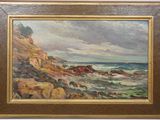 an oil painting of a rocky coast with a boat in the distance