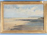 une peinture à l'huile représentant une scène de plage avec des personnes marchant sur le sable