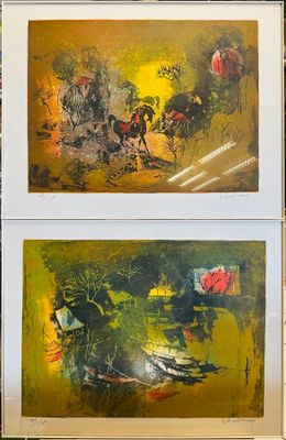 deux tableaux représentant des chevaux et des cavaliers sont exposés dans un cadre