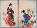 an image of a pair of paintings of women in kimono robes