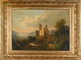 an oil painting of a castle on a hill with a river in the foreground