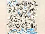 an image of a blue and black drawing of various words