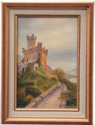 an oil painting of a castle on top of a hill
