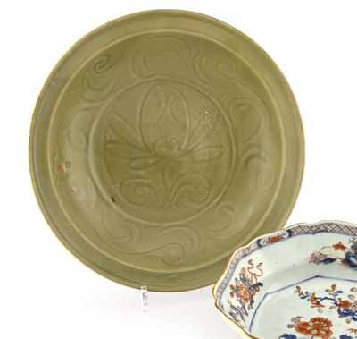 two plates and a bowl sitting on a white surface