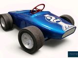 a blue toy race car with a steering on a white background