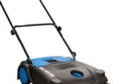 a close up of a blue and black lawn mower on a white background