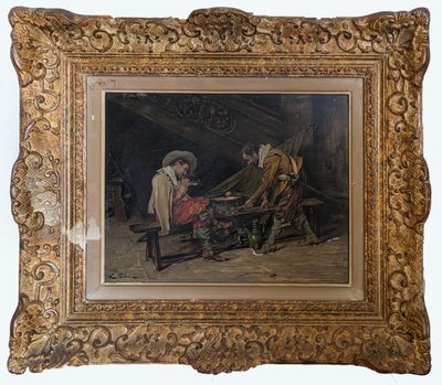 an old painting of a man and a woman sitting on a bench
