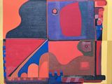 abstract painting of a red, blue, yellow, and black painting